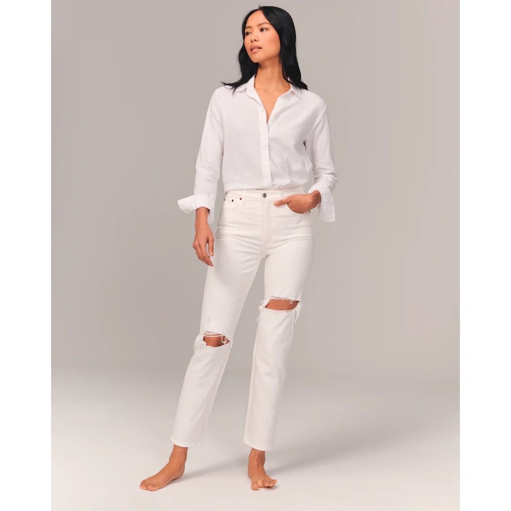 Abercrombie High Rise Mom Jean White Destroyed